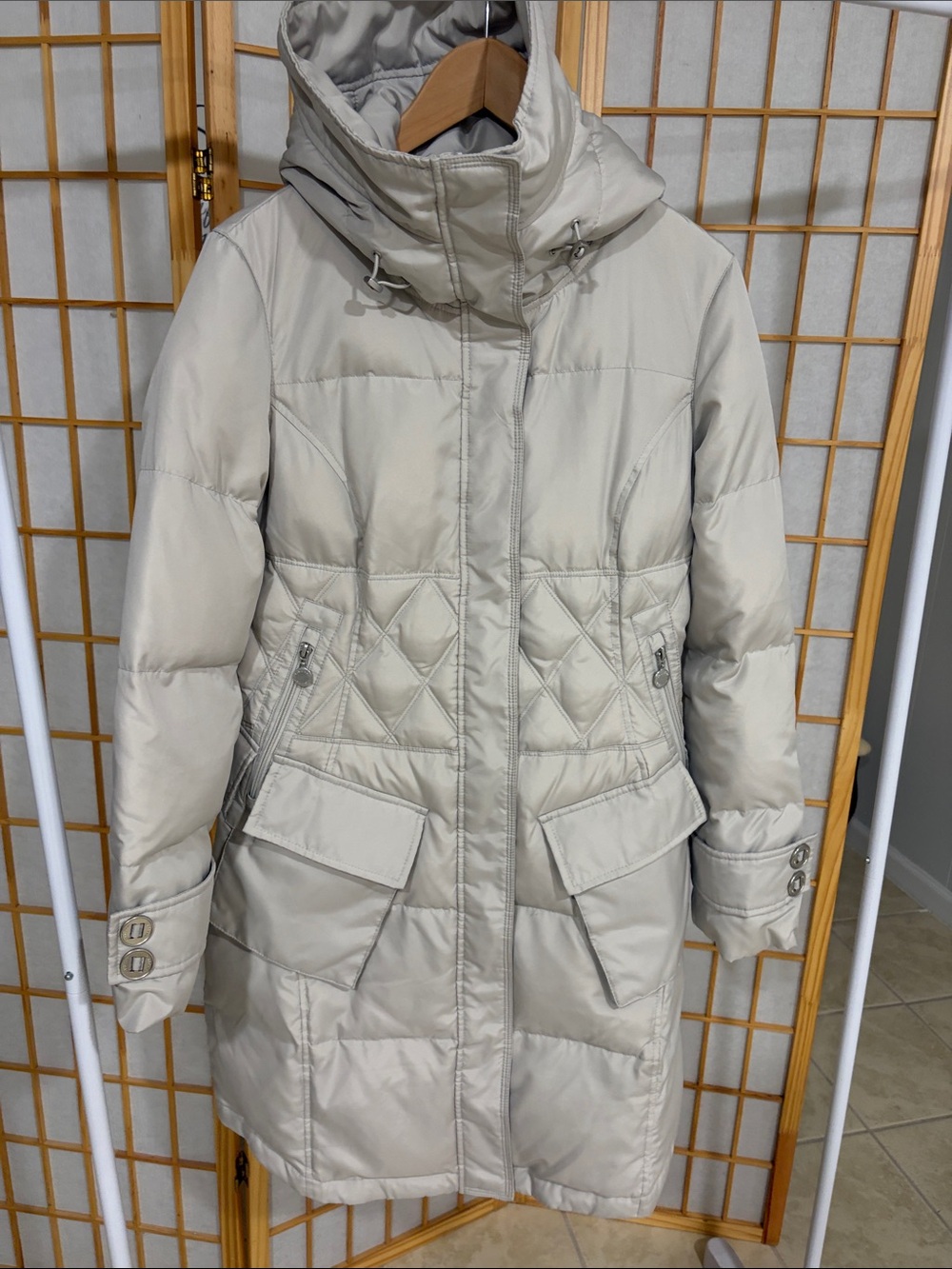 Calvin Klein Light Gray Quilted Long Fitted Puffer Coat with Hood